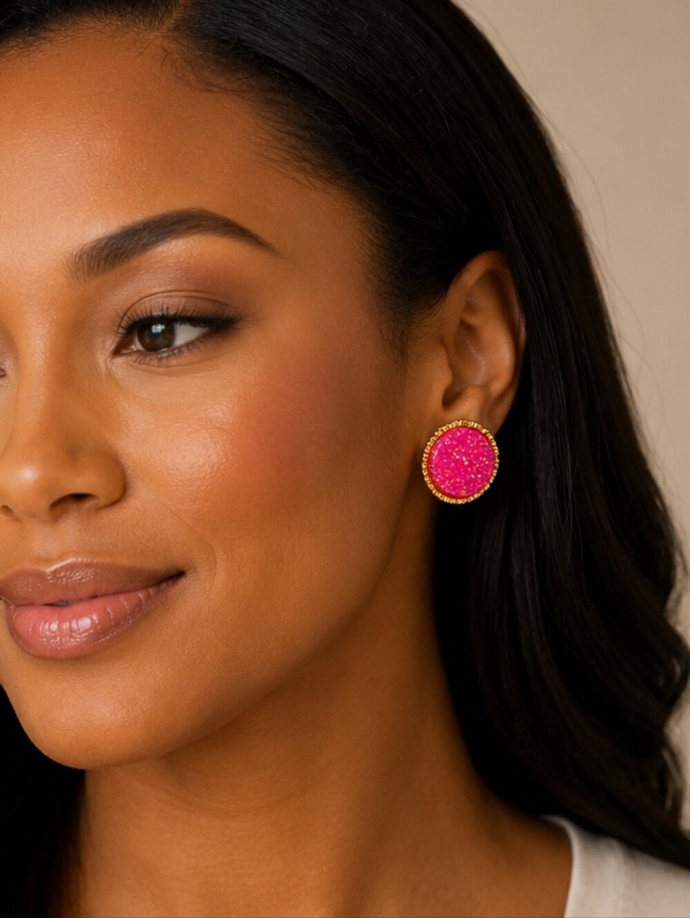 Plunder Gold-Tone Hot Pink Druzy Round Stud Earrings - NIP - Picture 2 of 4